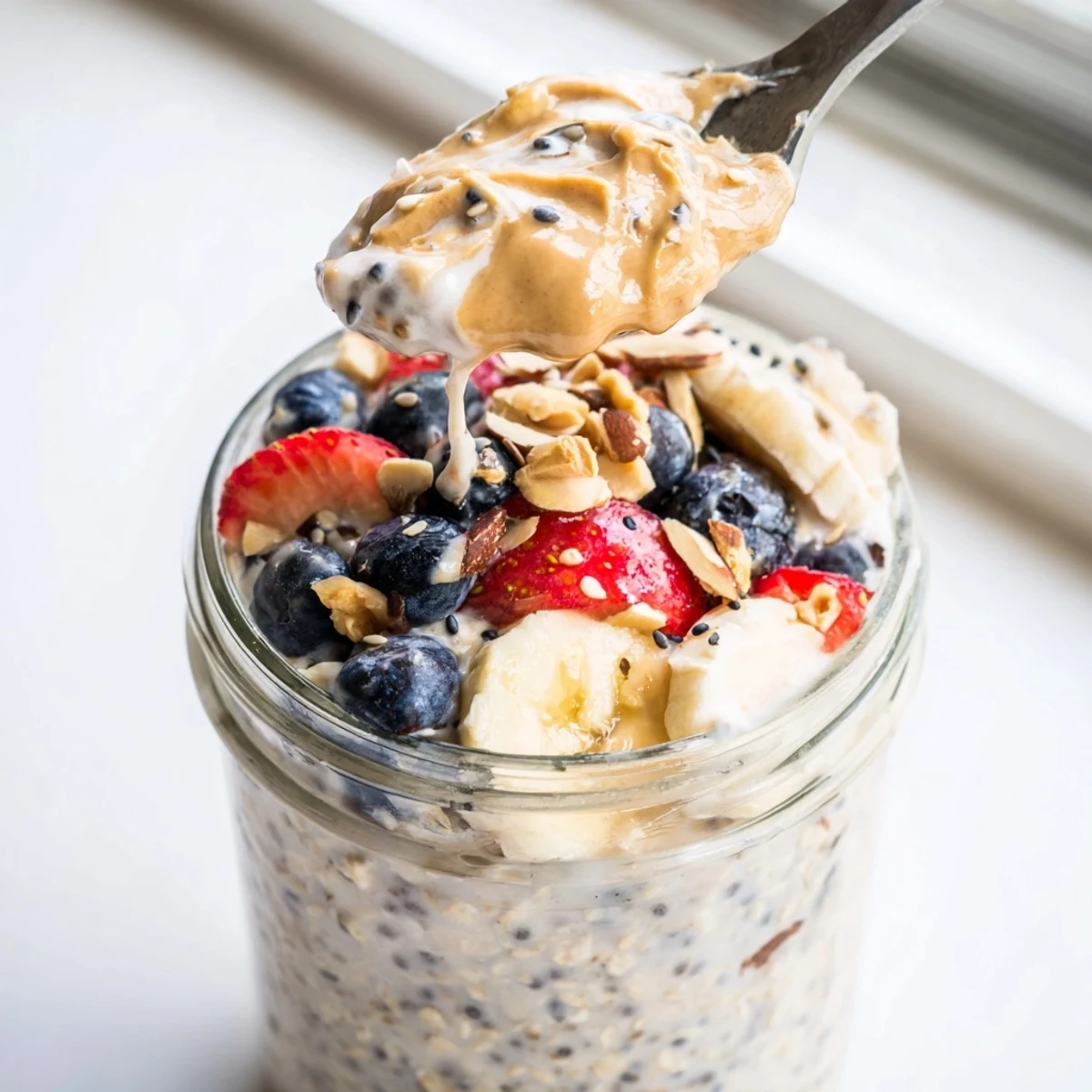 Creamy protein overnight oats topped with fresh berries in a glass jar