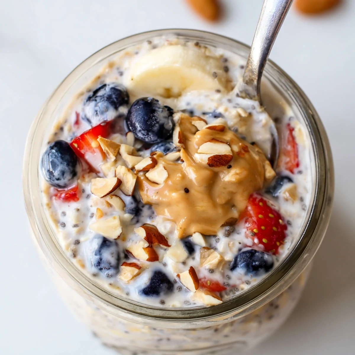 Spoonful of protein overnight oats garnished with chopped nuts and chia seeds