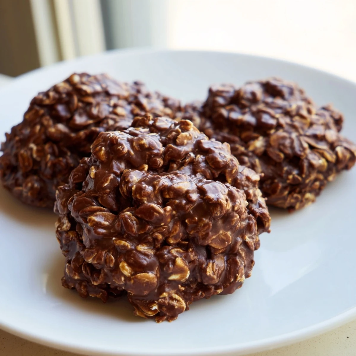 Fudgy chocolate oatmeal no bake cookies stacked on rustic parchment paper
