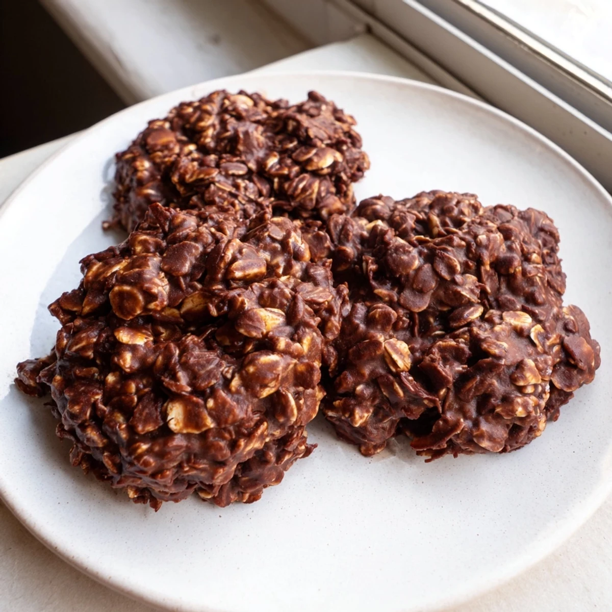 Glossy chocolate oatmeal no bake cookies dotted with chewy rolled oats