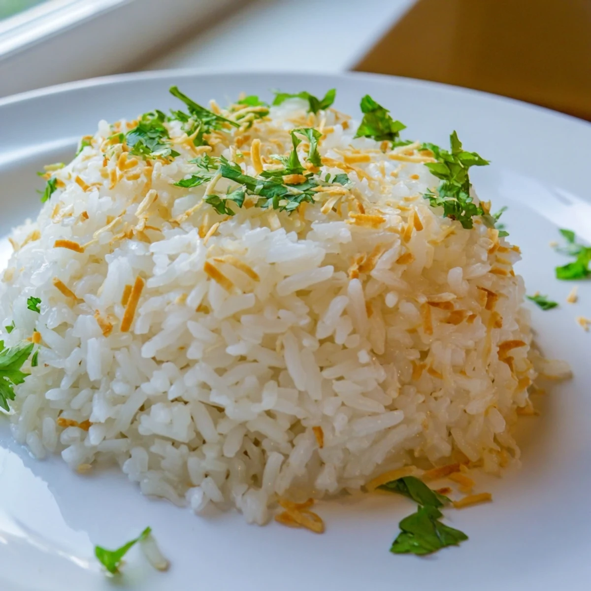 Creamy coconut rice steaming in a bowl, garnished with fresh cilantro and toasted coconut flakes