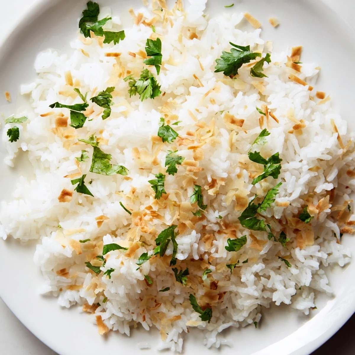 Tender coconut rice piled on a plate, topped with shredded coconut and fragrant herbs