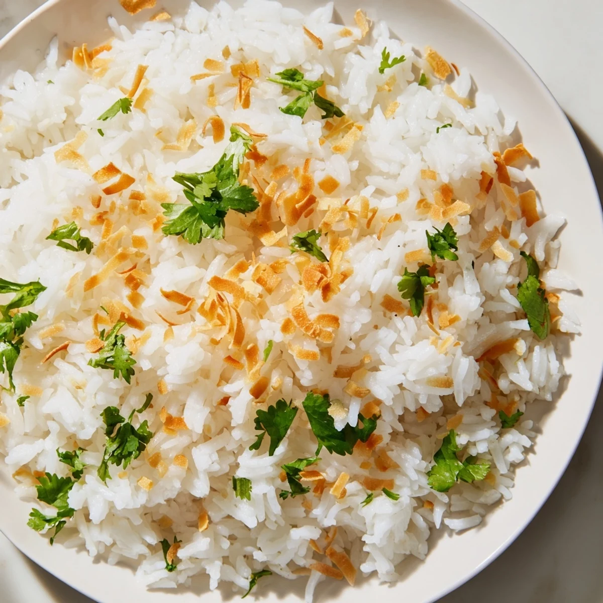Fluffy coconut rice served alongside vibrant Thai curry in a warm ceramic dish