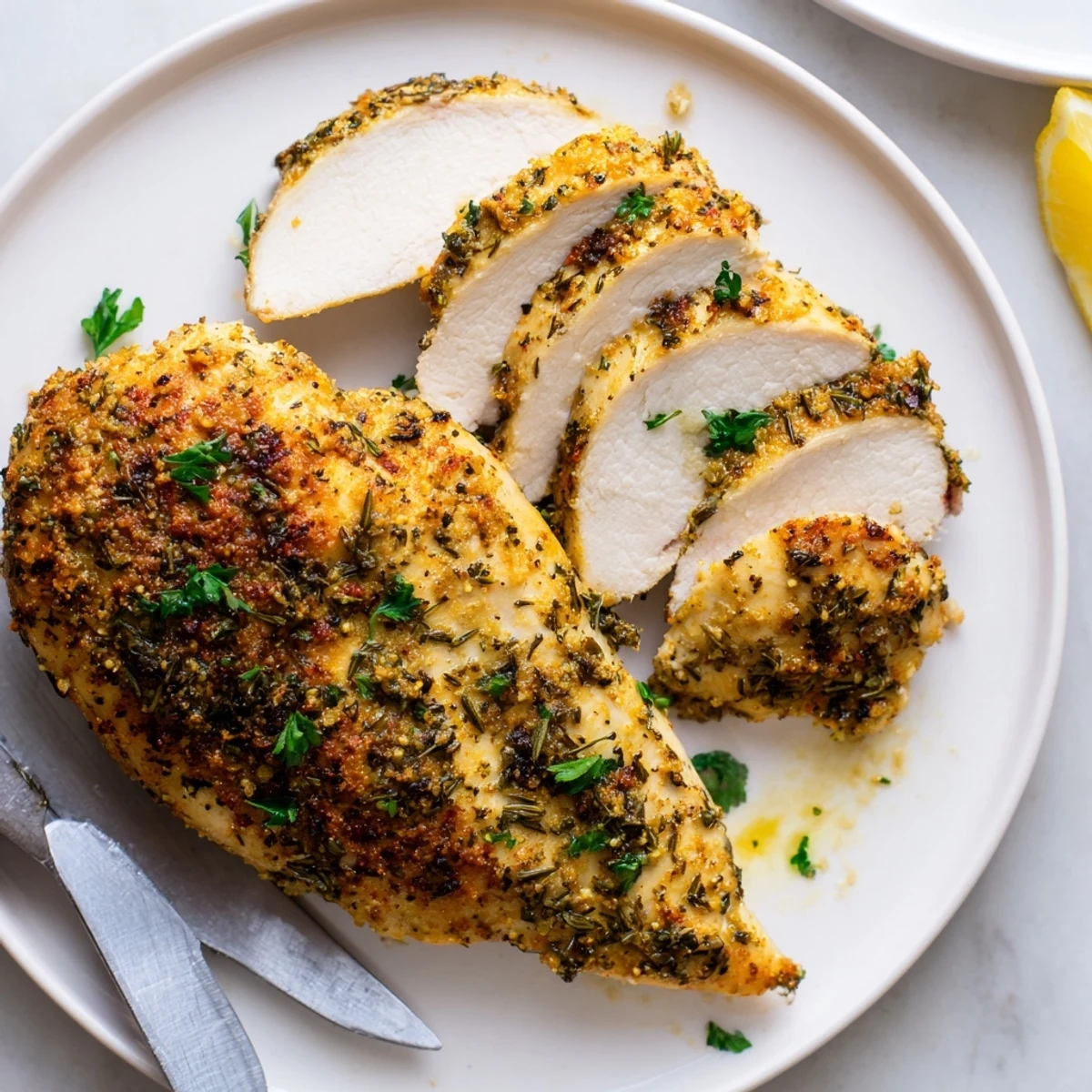 Golden oven baked chicken breasts with herbs on a white serving plate