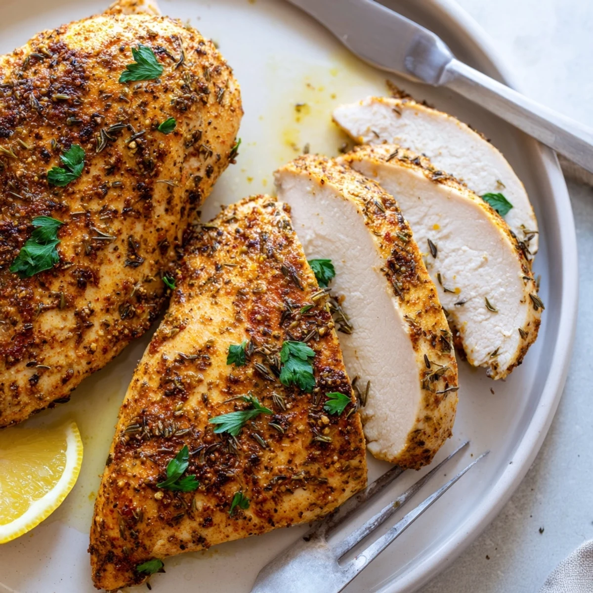 Juicy oven baked chicken breasts sliced open showing tender seasoned meat