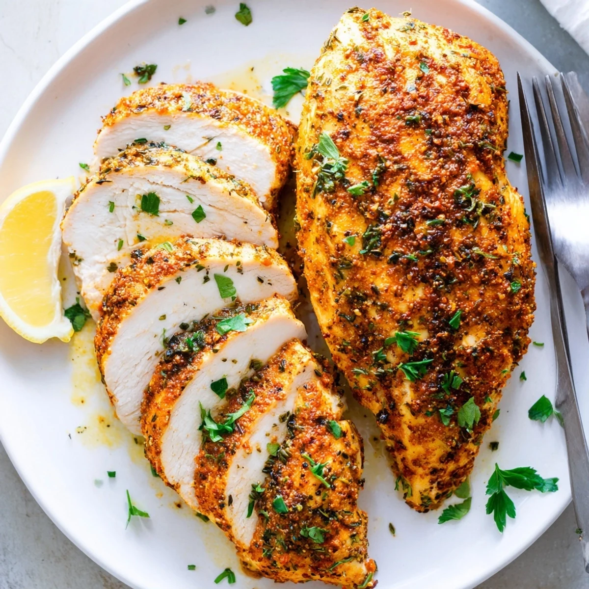 Perfectly cooked oven baked chicken breasts garnished with parsley and lemon wedges