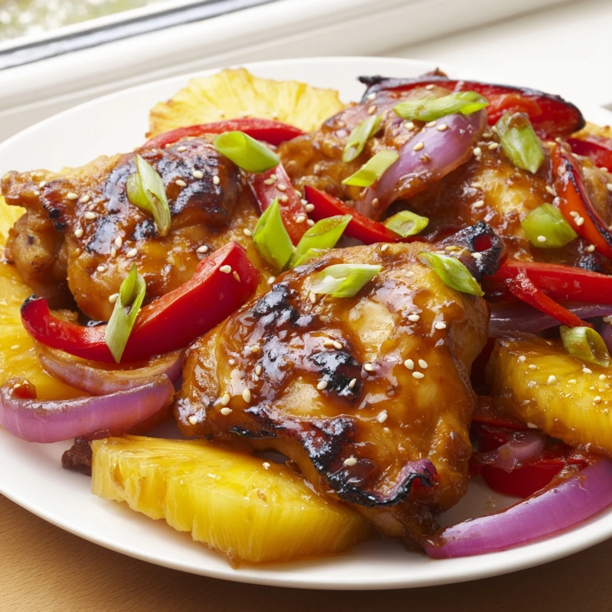 Juicy Hawaiian chicken thighs coated in glossy pineapple soy glaze with sautéed bell peppers