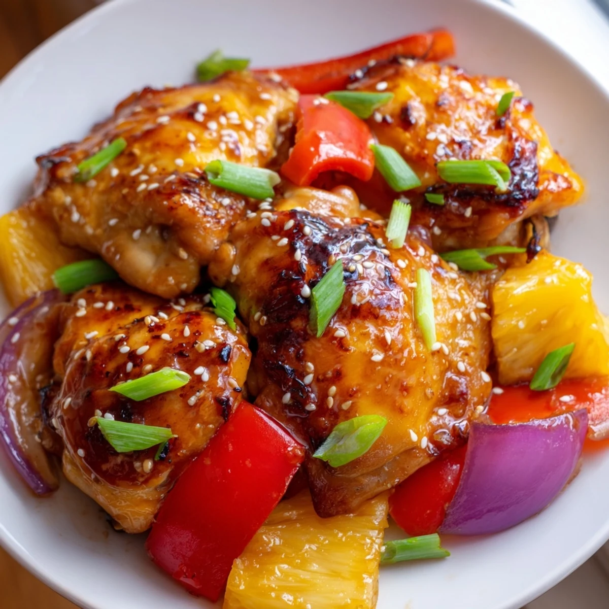Hawaiian chicken simmered in sweet tangy sauce alongside caramelized onions and fresh pineapple chunks