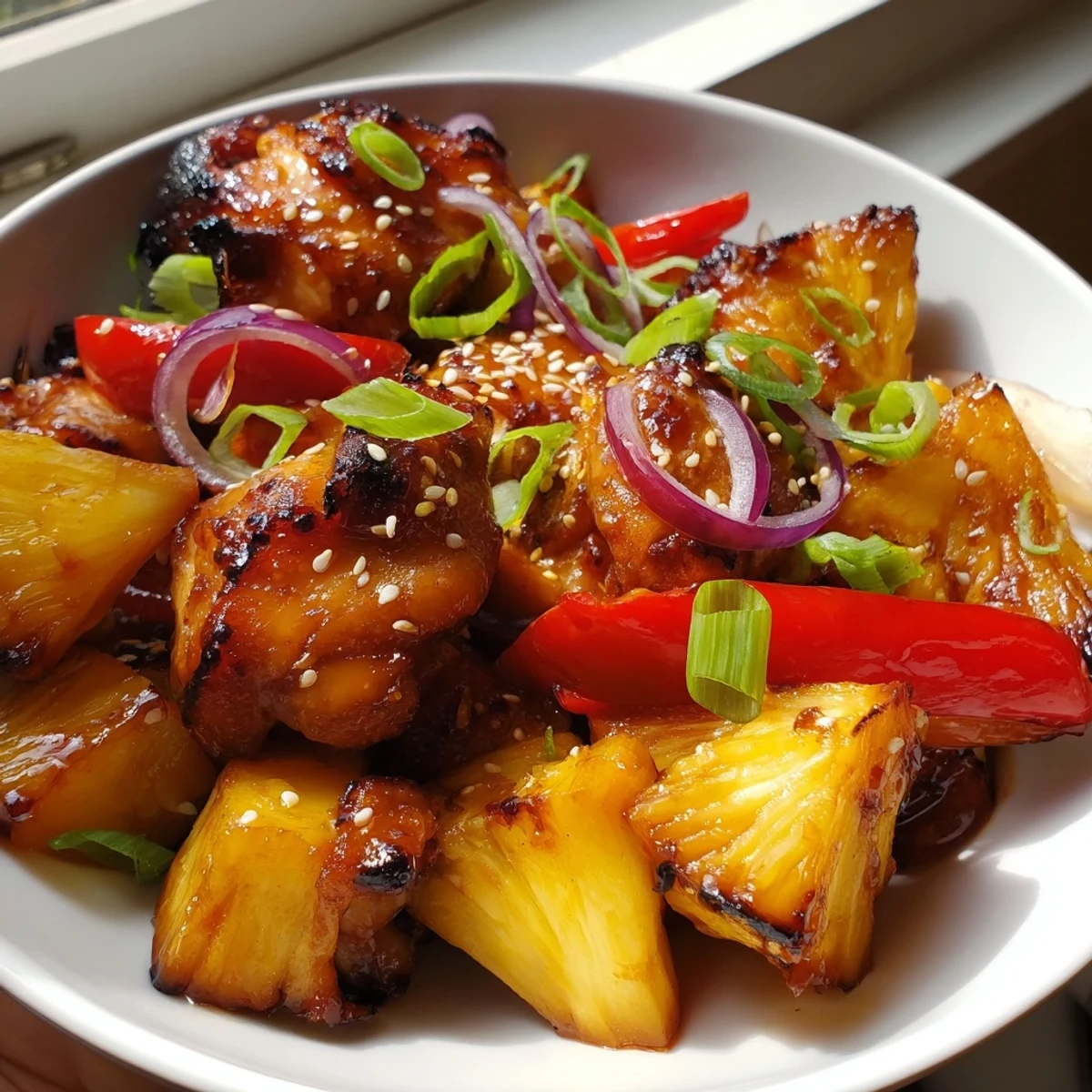 Tender Hawaiian chicken with thickened tropical glaze served over colorful stir-fried bell peppers