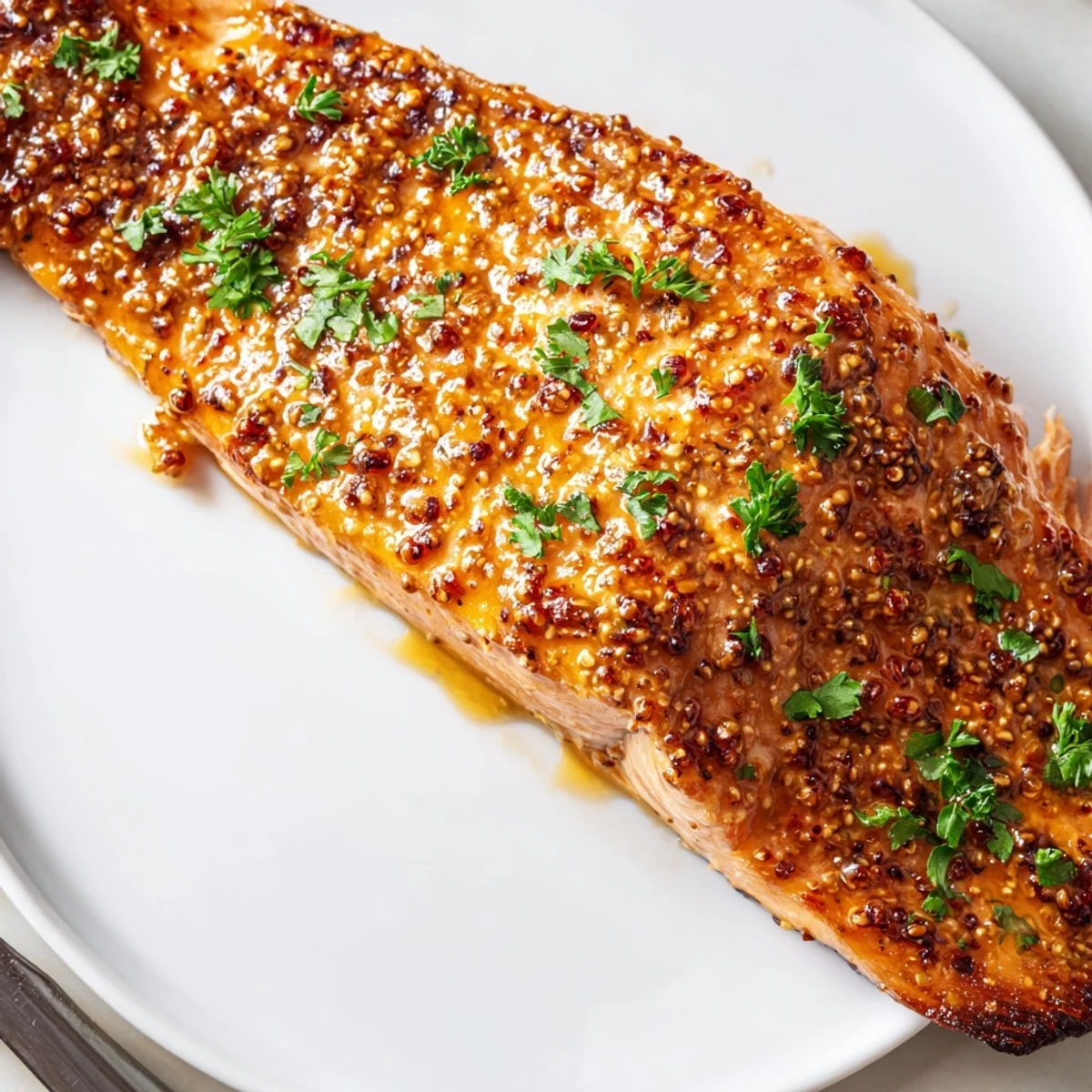 Golden baked honey mustard salmon fillets glistening with a sweet, sticky glaze on a parchment-lined baking tray