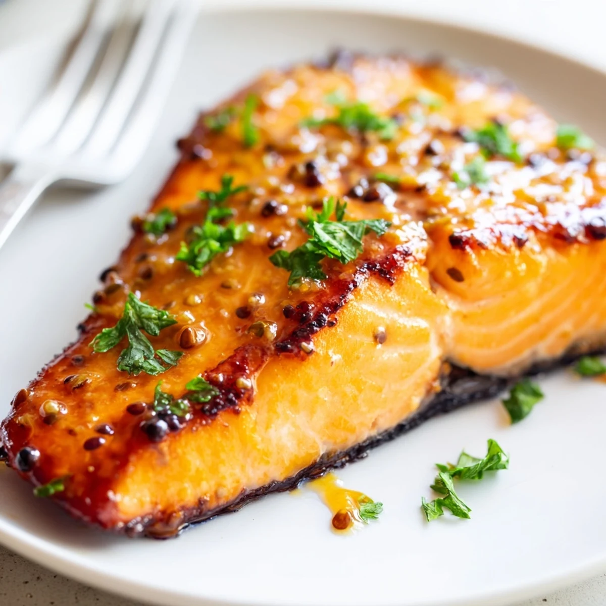 Juicy baked honey mustard salmon topped with fresh parsley and bright lemon wedges on a white plate