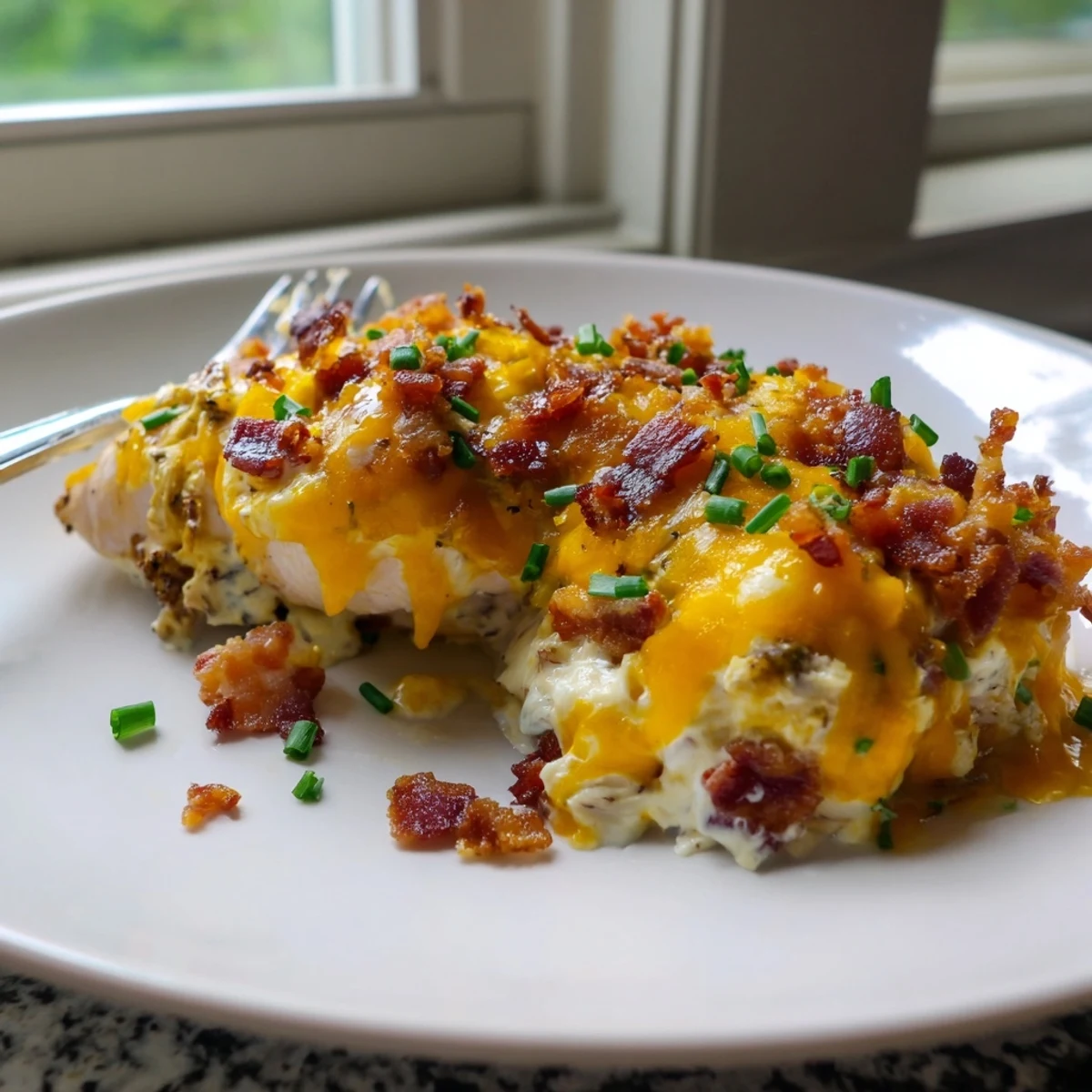 Golden baked crack chicken with bubbling cheddar, crispy bacon, and creamy ranch sauce