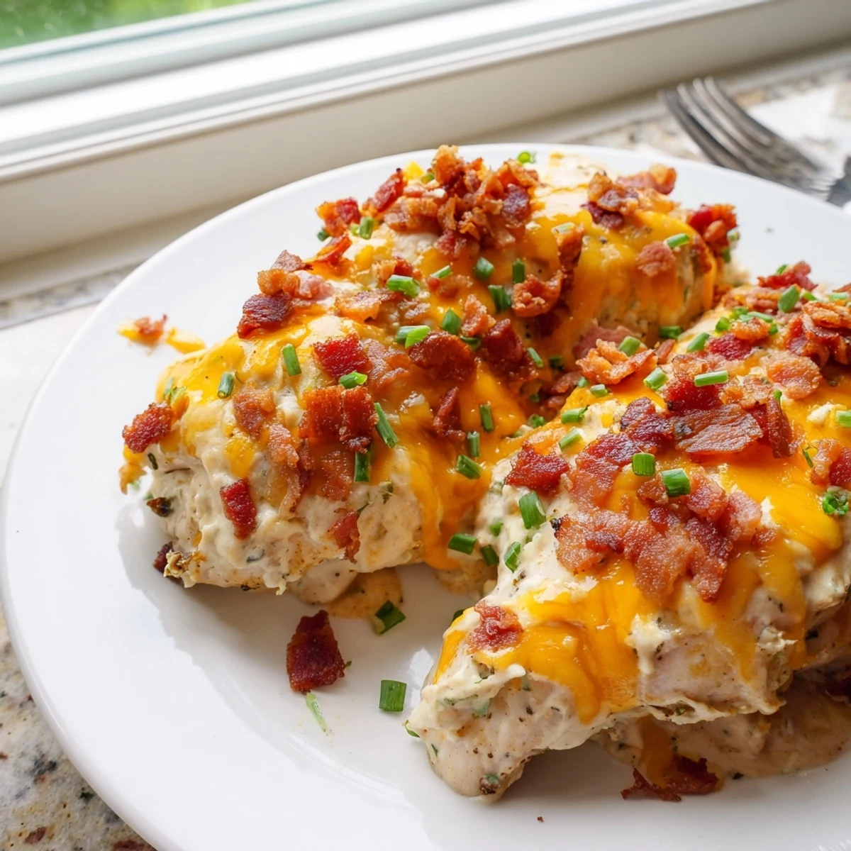 Creamy baked crack chicken topped with melted cheese and crumbled bacon bits