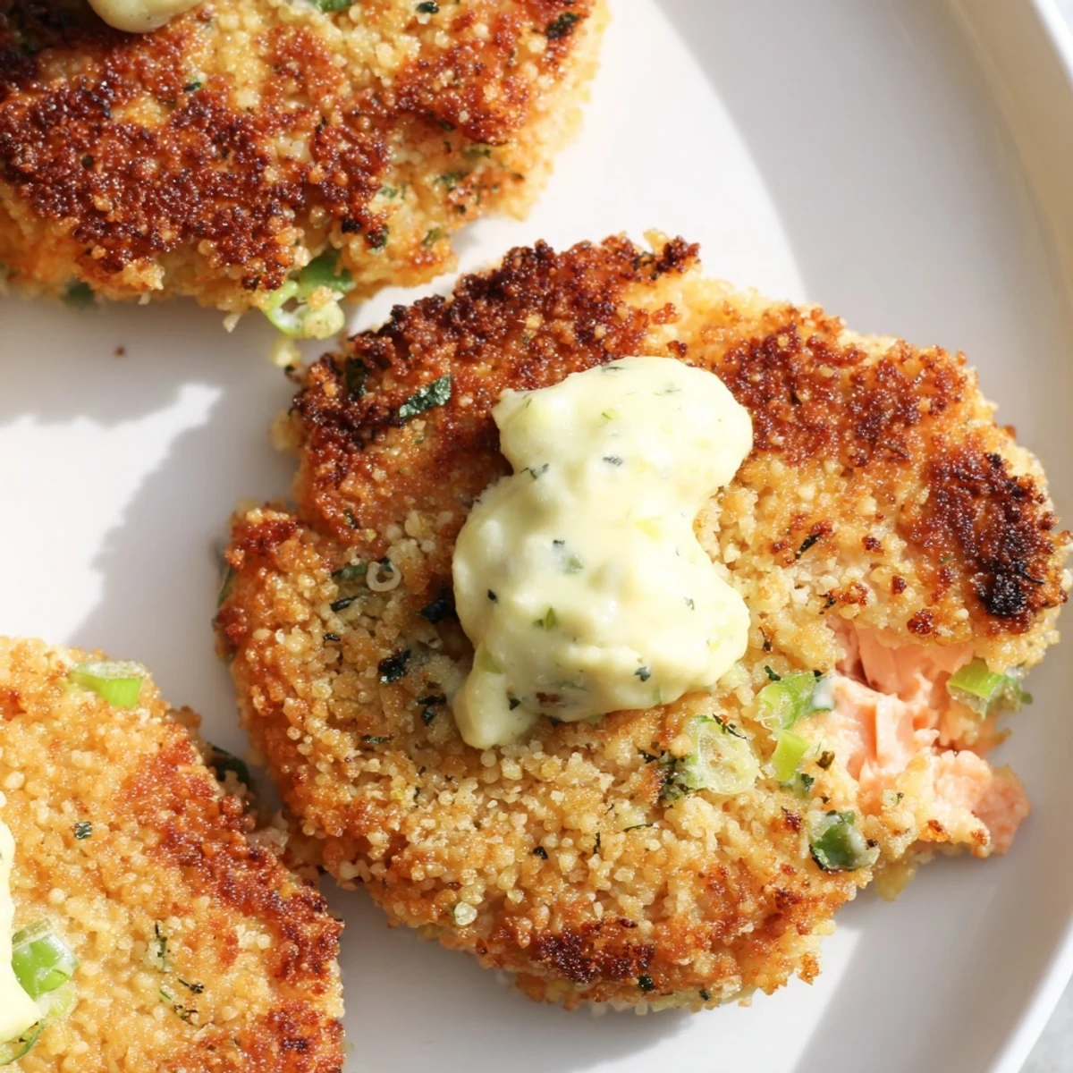 Golden crispy lemon garlic Alaska salmon cakes drizzled with tangy creamy aioli on a plate