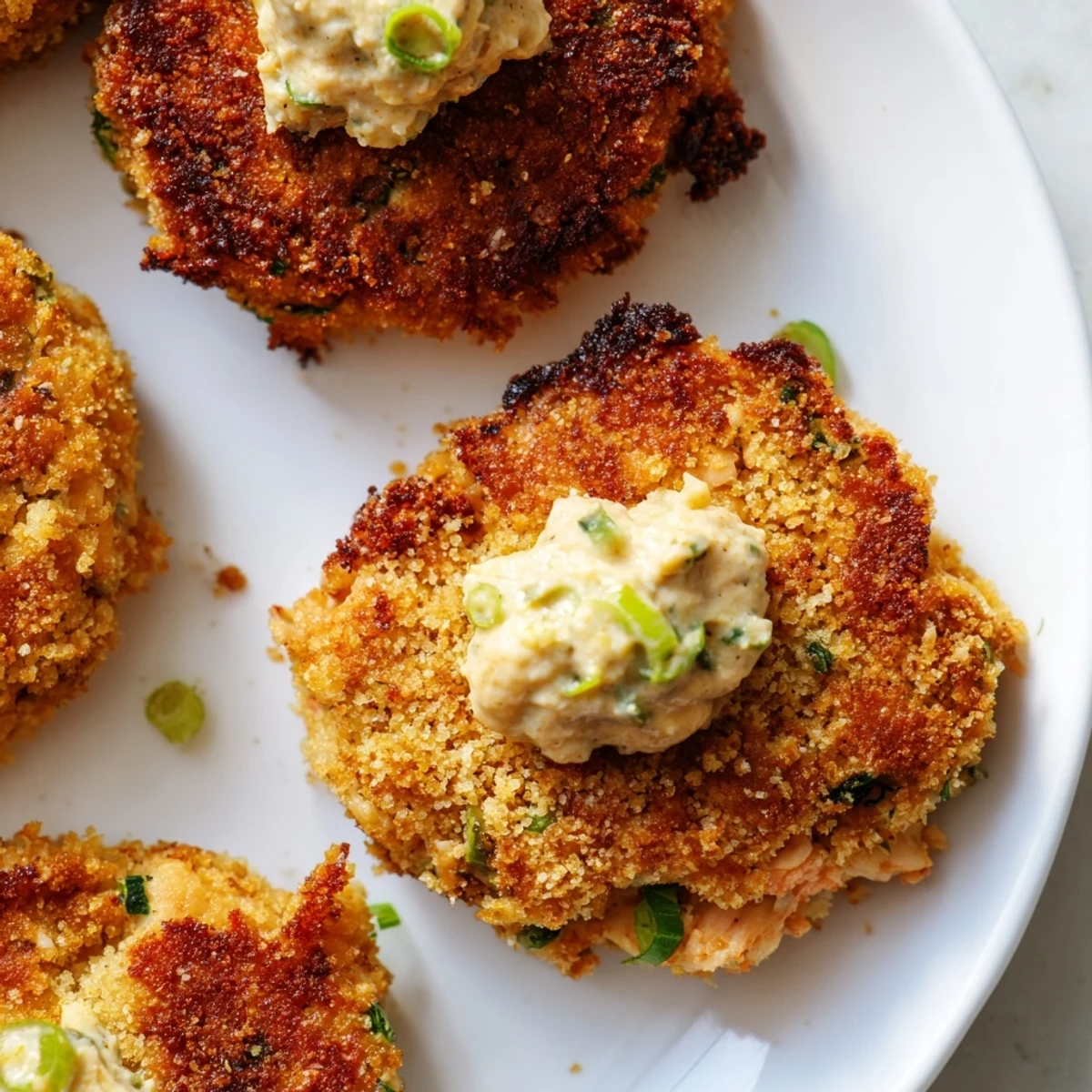 Pan-fried lemon garlic Alaska salmon cakes served with a smooth dollop of zesty aioli