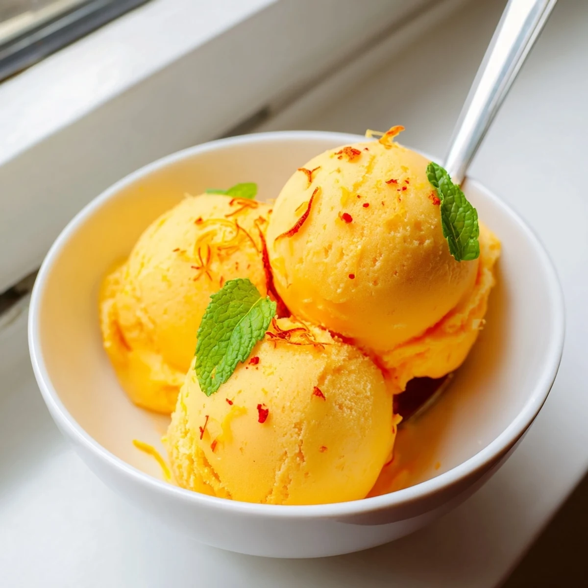 Creamy Chili Lime Mango Sorbet scooped into golden mounds on a chilled dessert bowl