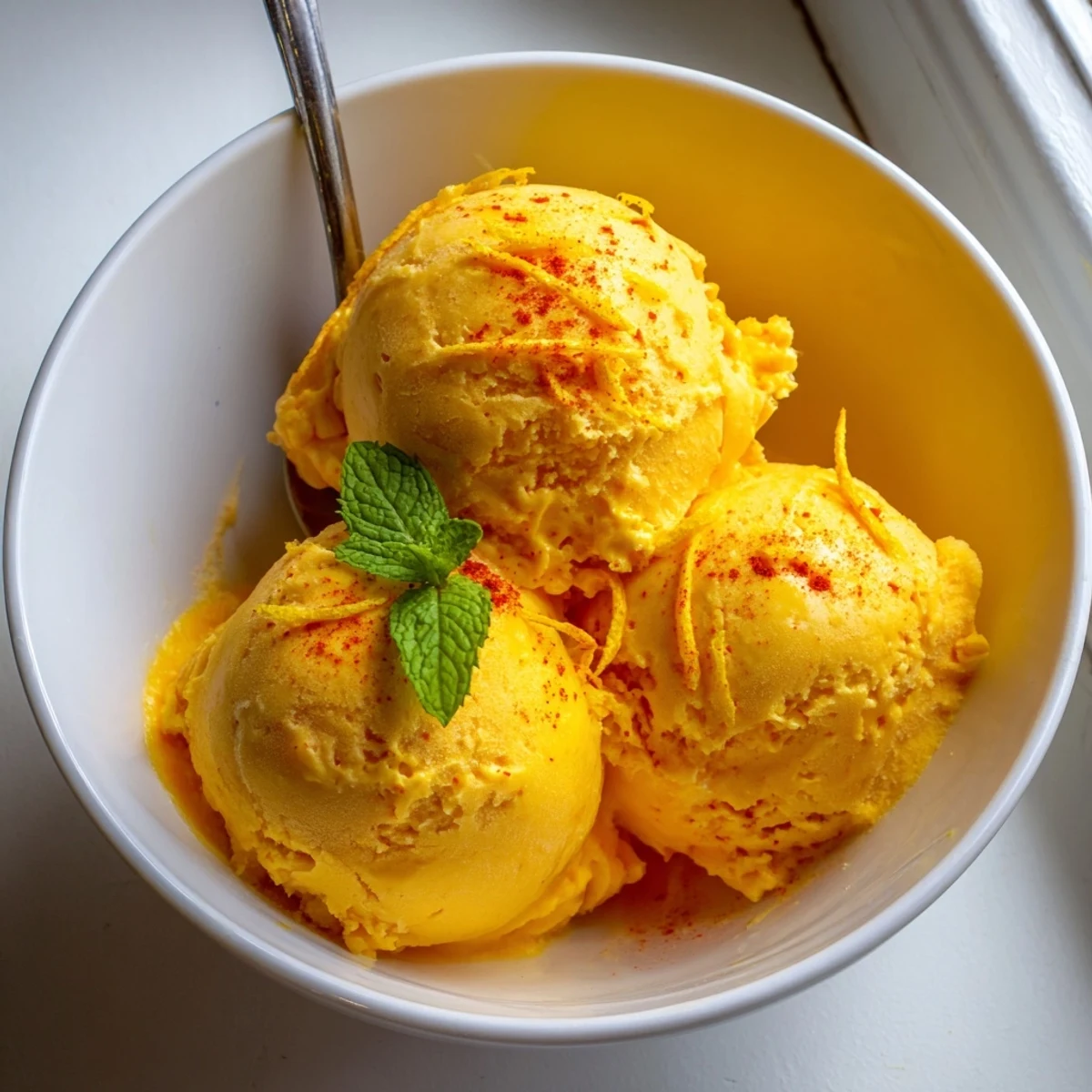 A vibrant spoonful of creamy chili lime mango sorbet topped with fresh lime zest