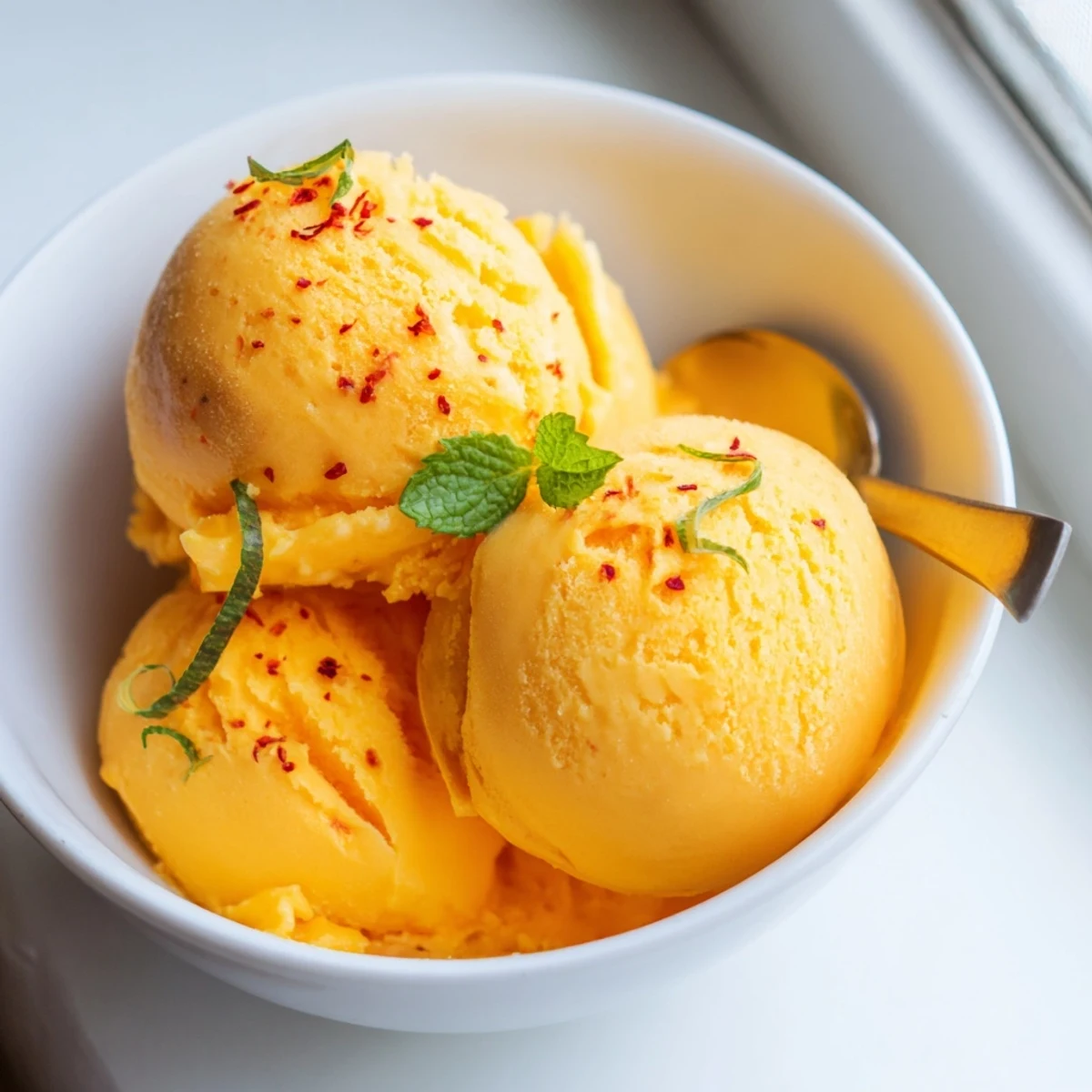 Smooth creamy chili lime mango sorbet glistening in a bowl on a sunny afternoon