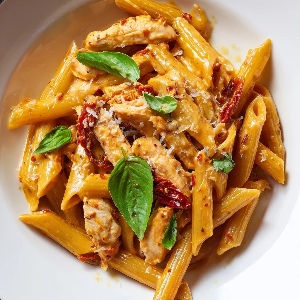 Creamy Copycat Sun Dried Tomato Marry Me Chicken Pasta in a rich golden sauce with tender sliced chicken