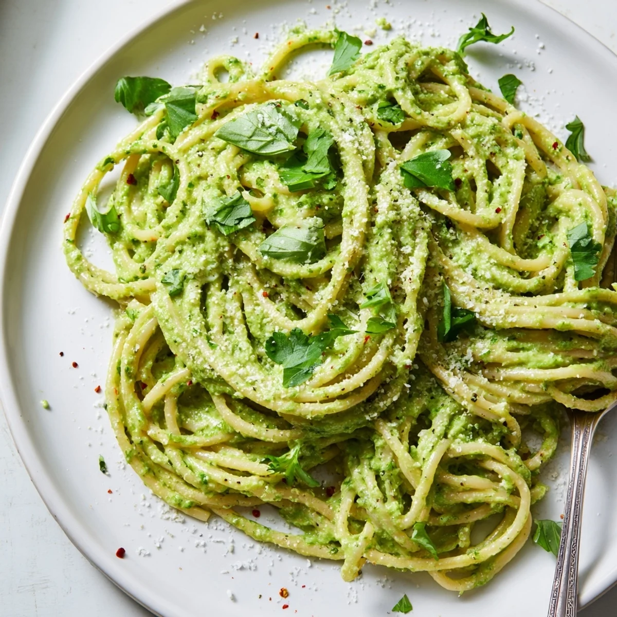 Creamy green goddess pasta sauce coated over warm noodles with fresh basil garnish