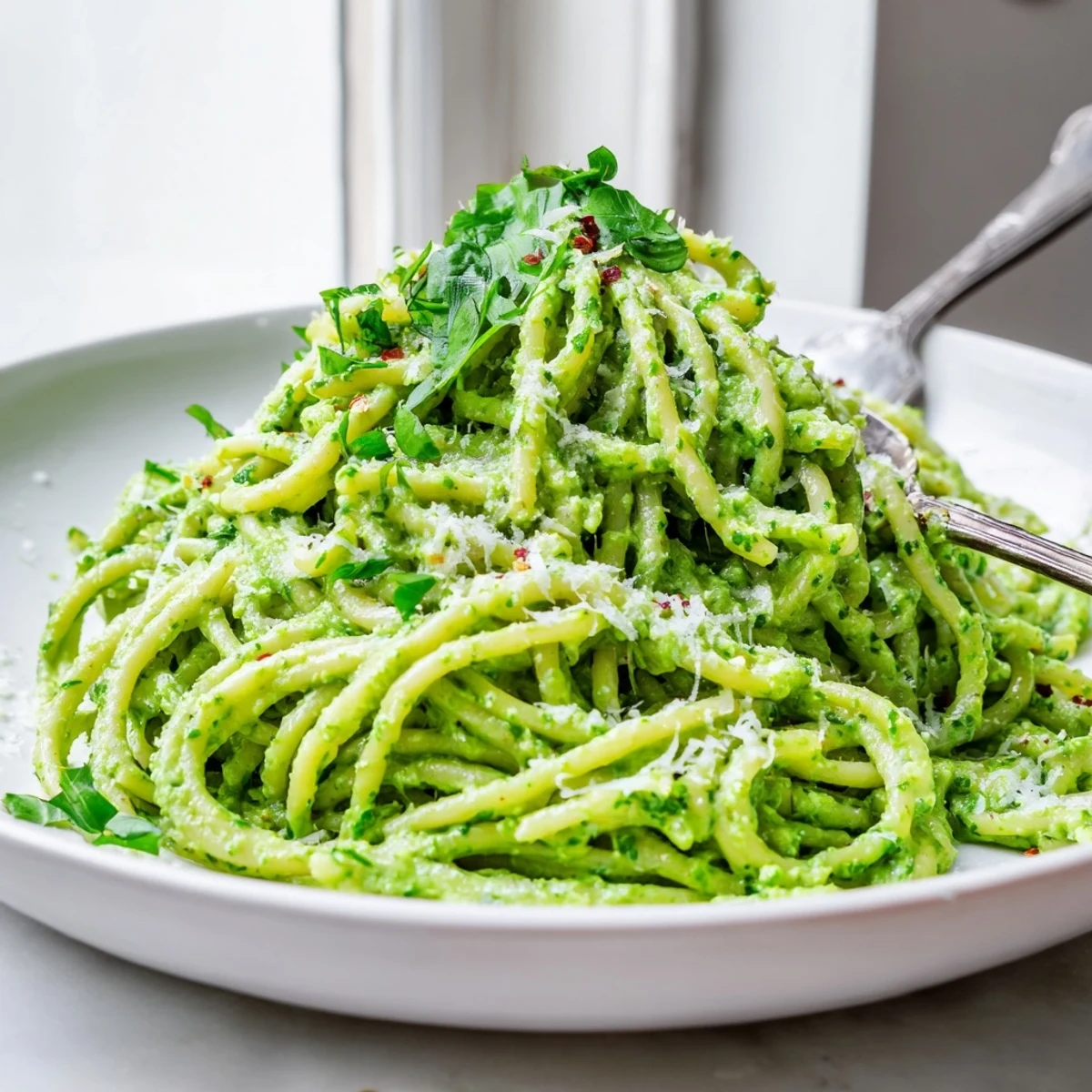 Bright herby green goddess pasta sauce blended with avocado and tangy lemon