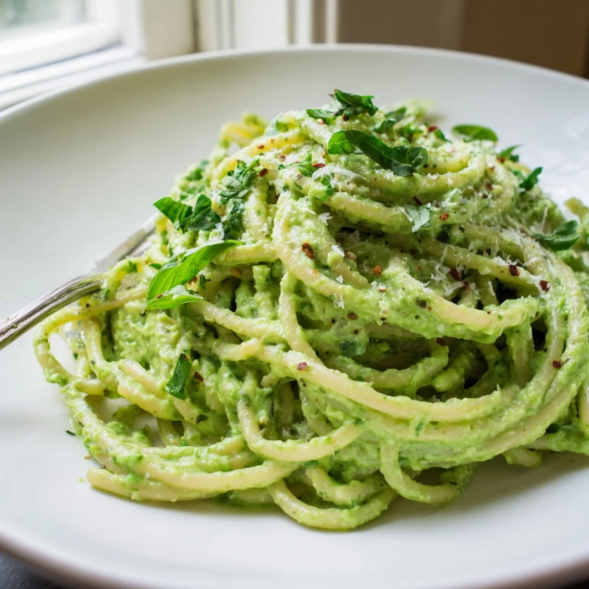Silky green goddess pasta sauce tossed with al dente penne and sprinkled Parmesan
