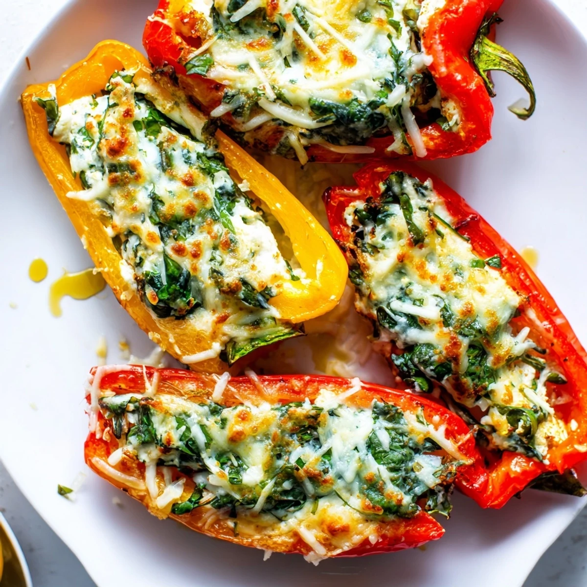 Golden baked ricotta stuffed peppers with bubbling mozzarella and fresh herbs