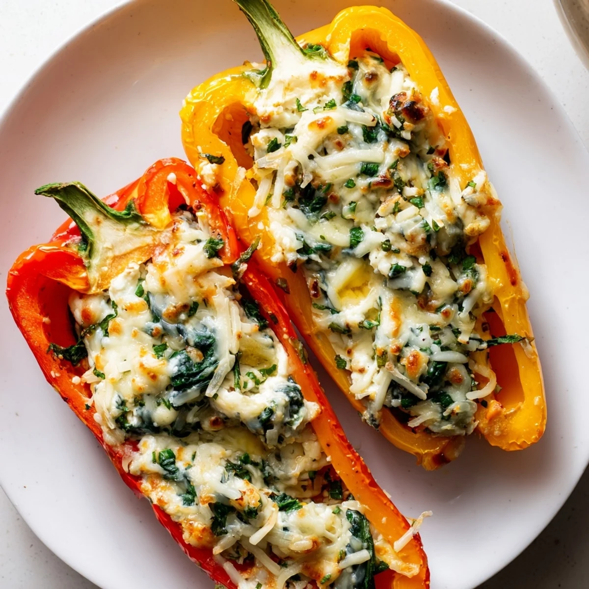 Roasted bell peppers filled with creamy ricotta, spinach, and melted cheese