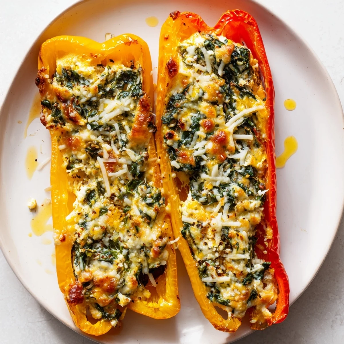 Vibrant ricotta stuffed peppers topped with golden mozzarella on a baking dish