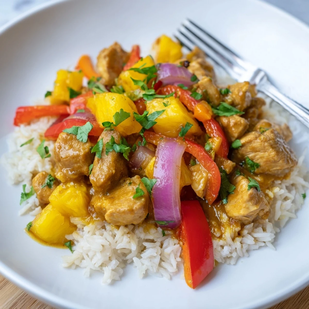 Golden chicken and pineapple in creamy coconut lime sauce over jasmine rice