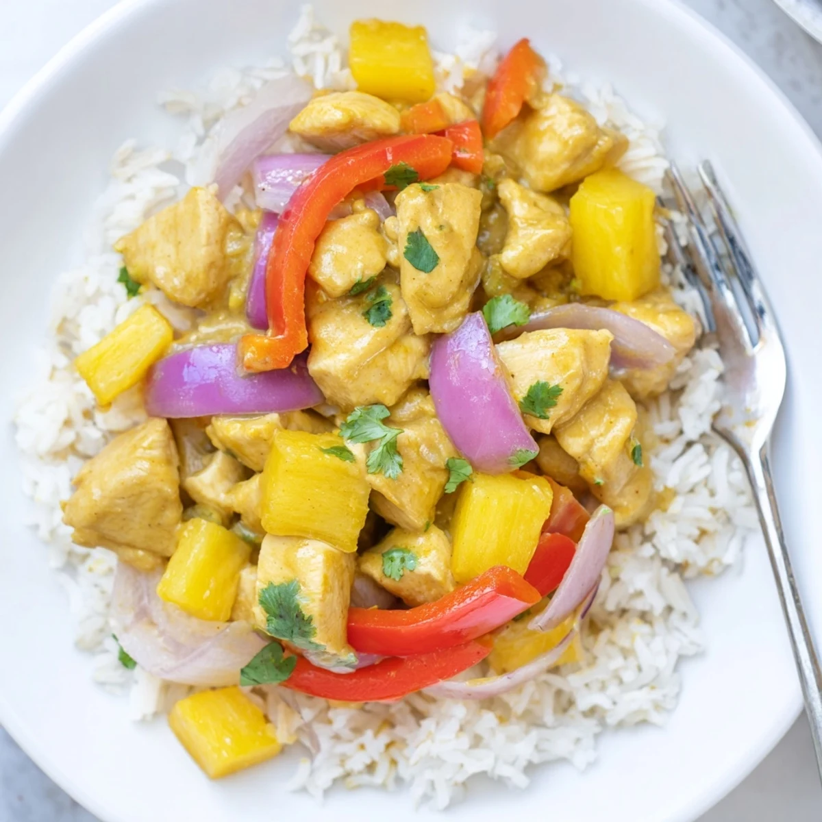 Tropical Dinner Delight with colorful bell peppers and fresh cilantro garnish