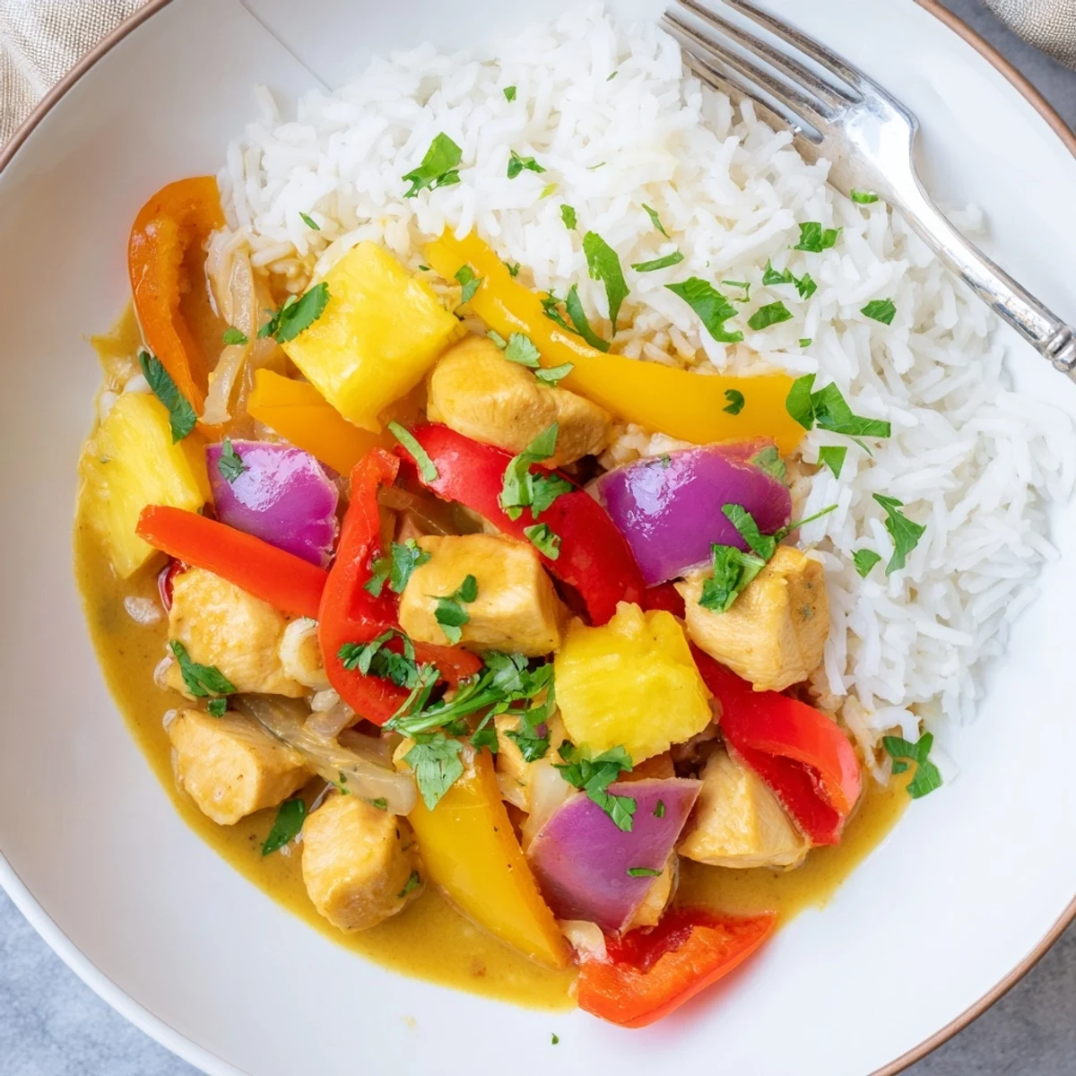 Juicy chicken simmered in turmeric coconut milk with pineapple chunks and lime