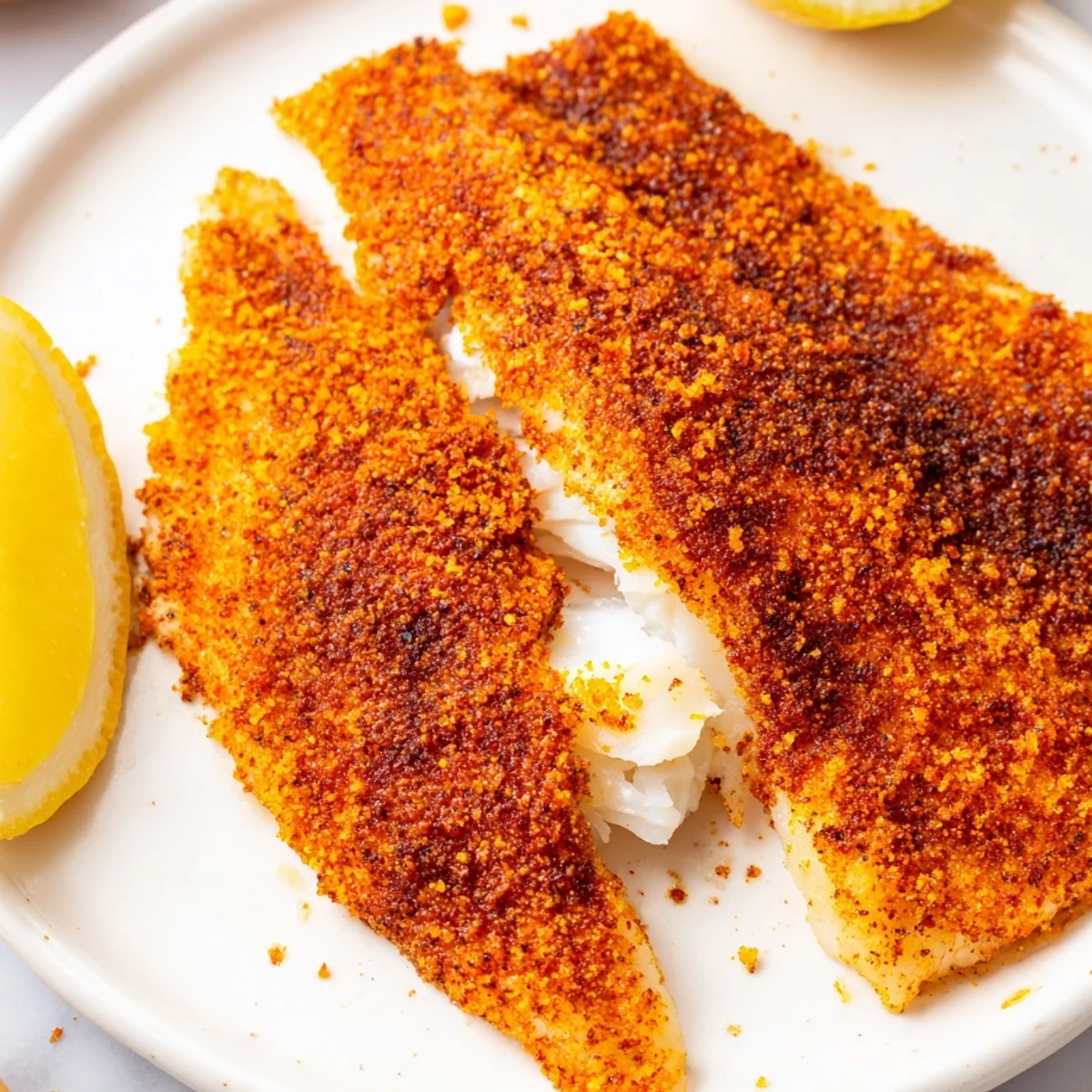 Golden pan fried tilapia fillets on a plate with fresh lemon wedges
