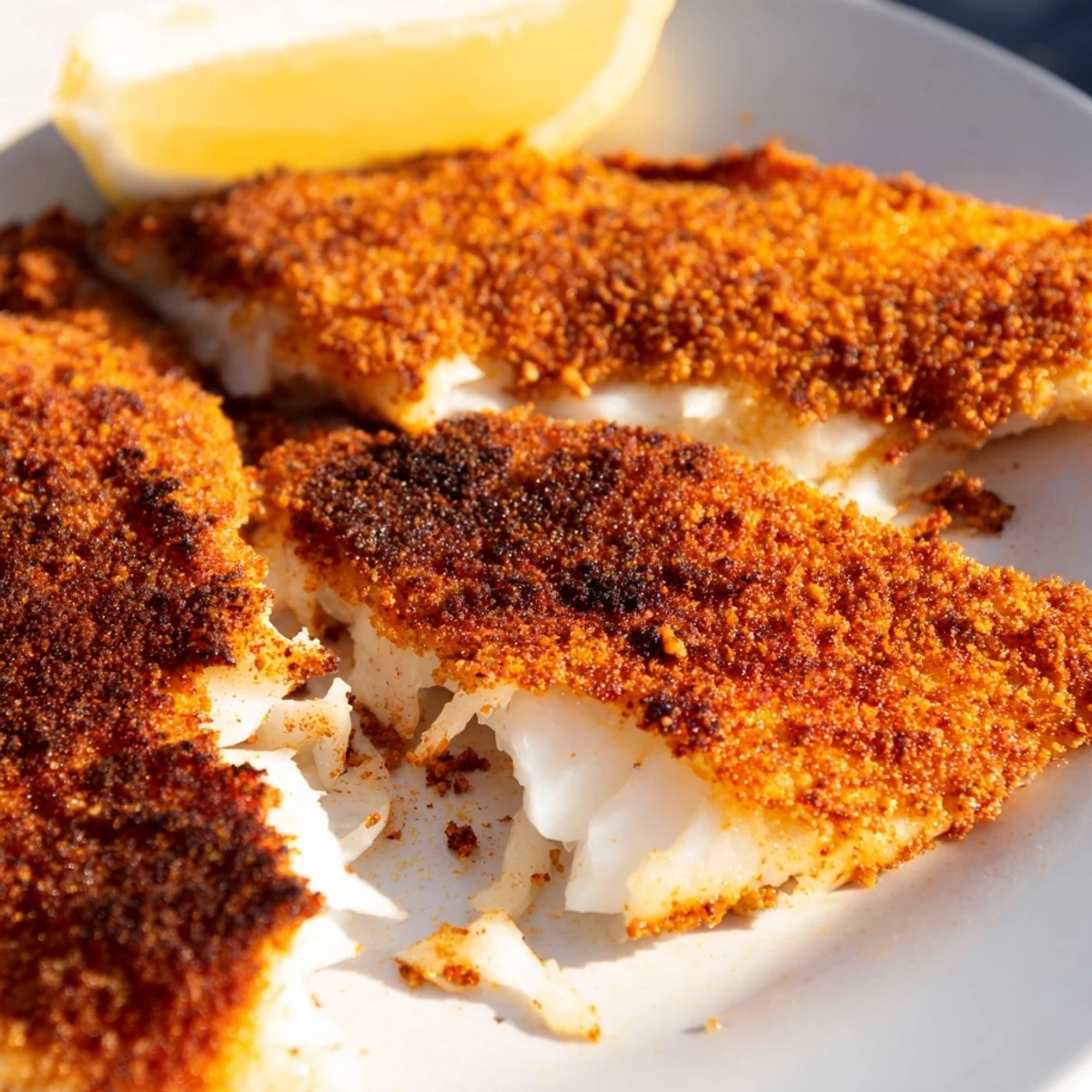 Perfectly golden pan fried tilapia fillets resting in a cast iron skillet