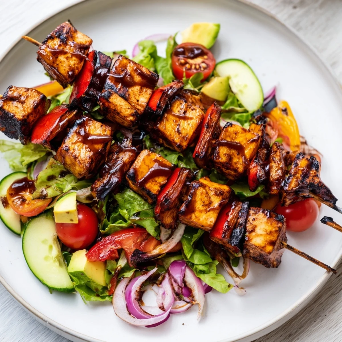 Juicy grilled BBQ chicken skewer salad drizzled with tangy honey mustard dressing on fresh vegetables