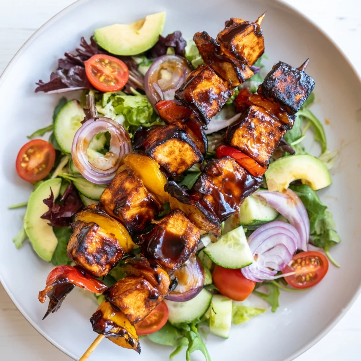 Smoky BBQ chicken skewers nestled on crisp greens with colorful bell peppers and creamy avocado