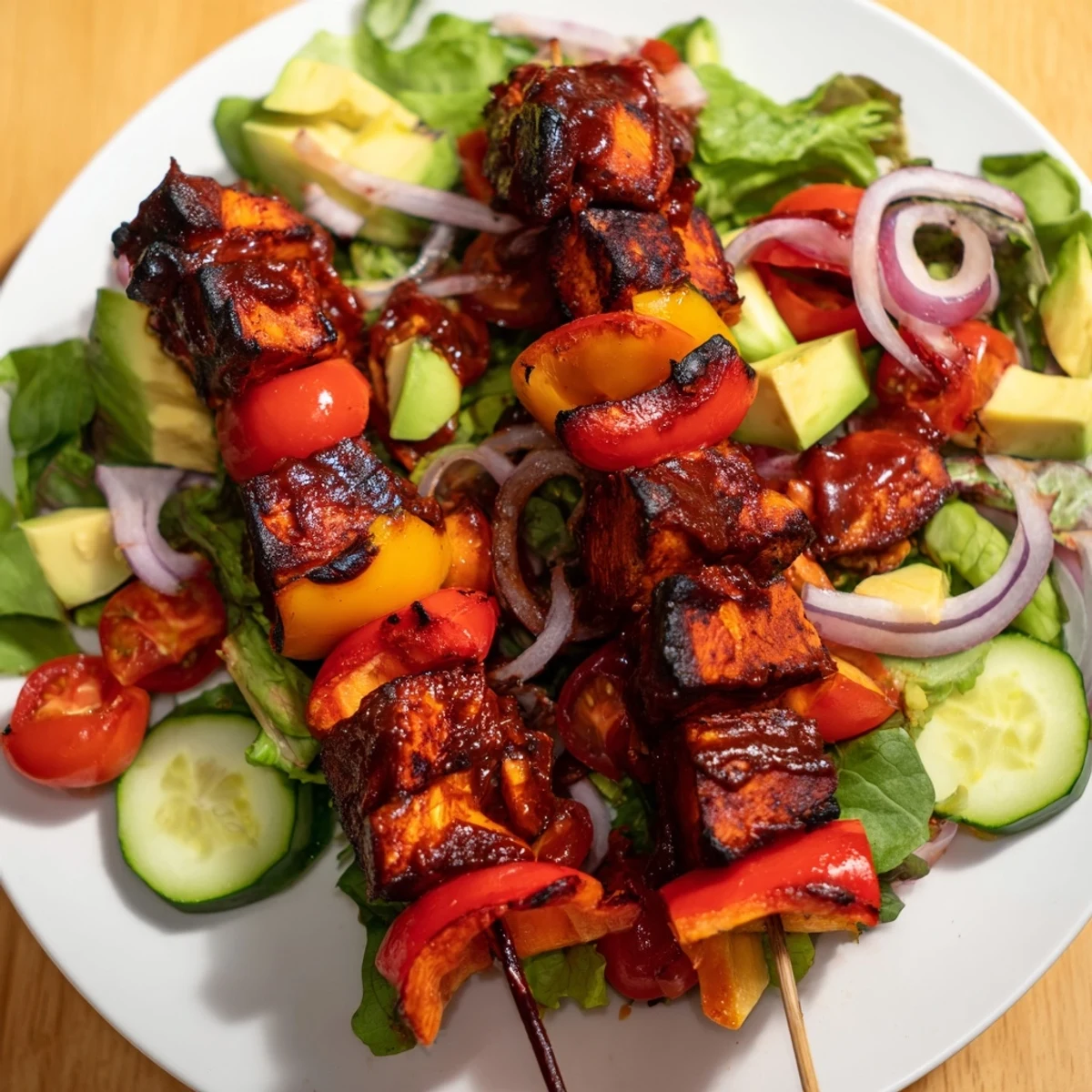Charred BBQ chicken skewers arranged over a vibrant summer salad with ripe avocado and cherry tomatoes