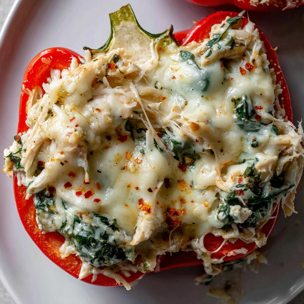 Golden baked chicken Florentine stuffed peppers with melted mozzarella on top