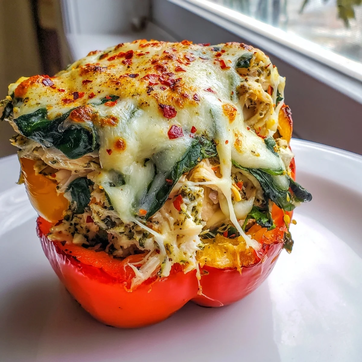 Colorful bell peppers overflowing with creamy chicken Florentine filling fresh from the oven
