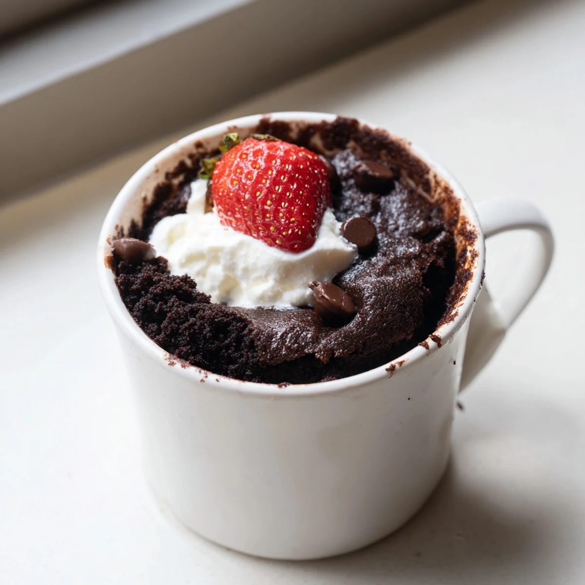 Warm gluten free chocolate mug cake topped with a fluffy whipped cream swirl