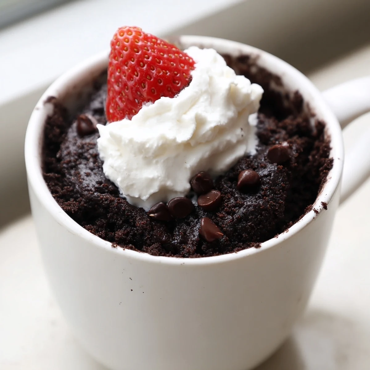 Gooey gluten free chocolate mug cake fresh from the microwave with melting chocolate chips