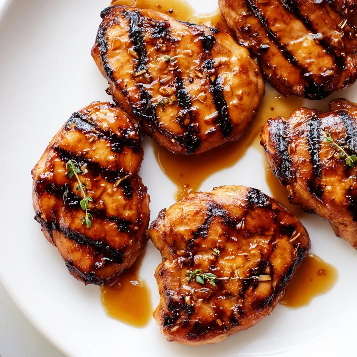 Golden Maple Dijon grilled chicken with charred grill marks on a rustic wooden cutting board