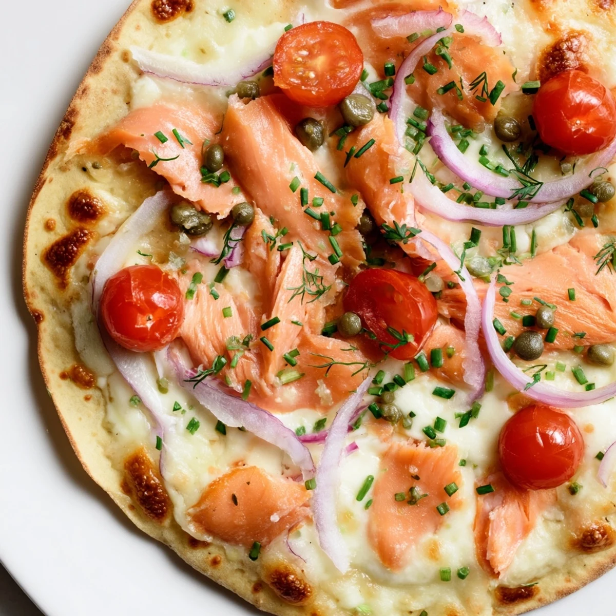 Crispy leftover salmon tortilla pizza with melted mozzarella, capers, and fresh dill garnish
