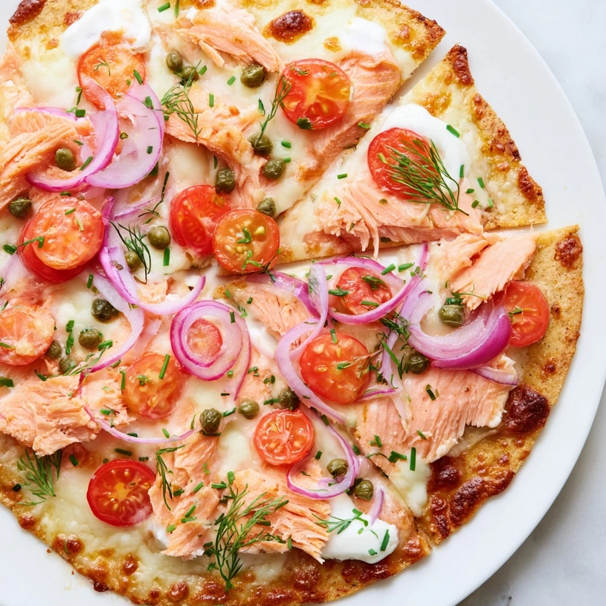 Fresh from the oven leftover salmon tortilla pizza sliced and ready to serve