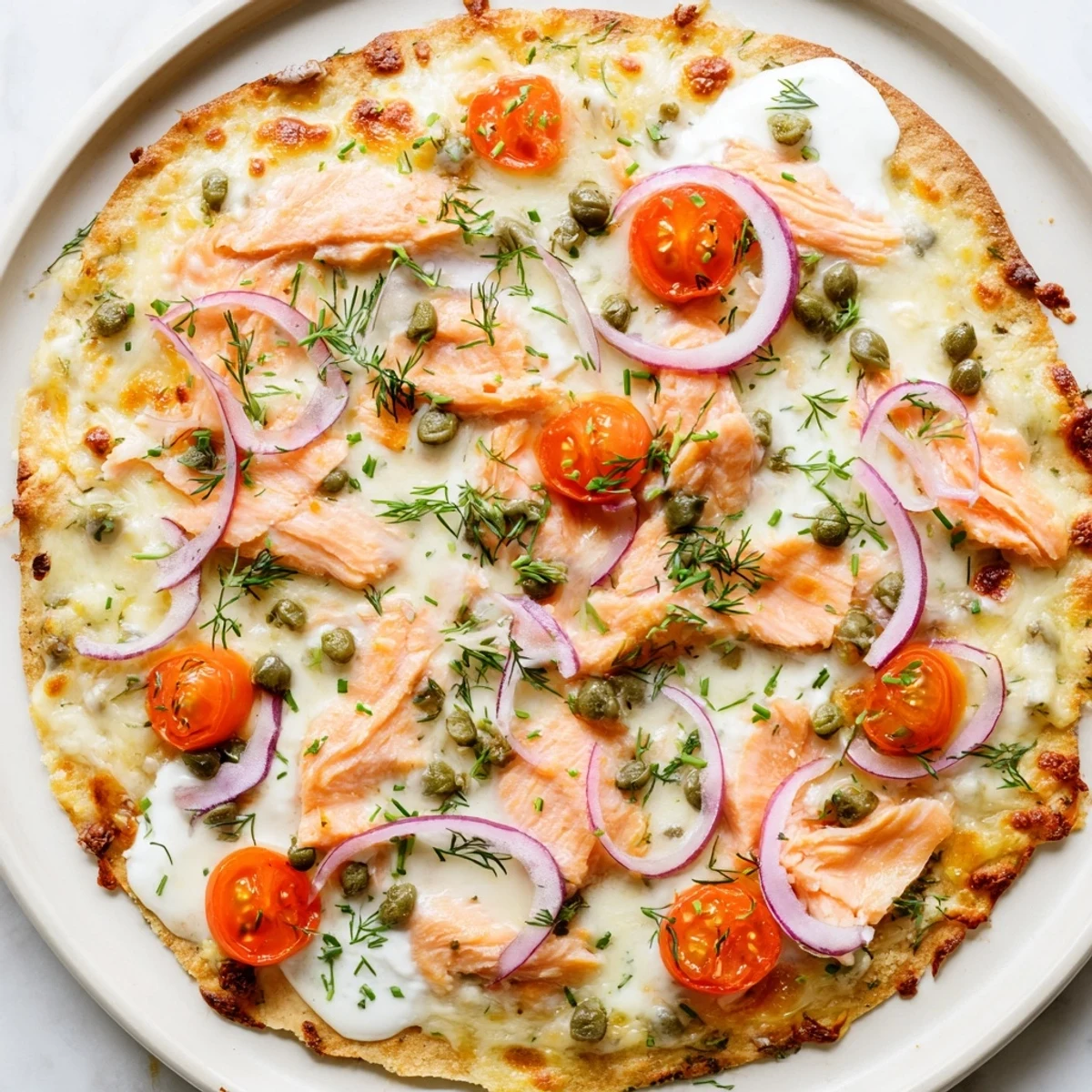 Golden baked salmon tortilla pizza topped with red onions, tomatoes, and bubbling cheese