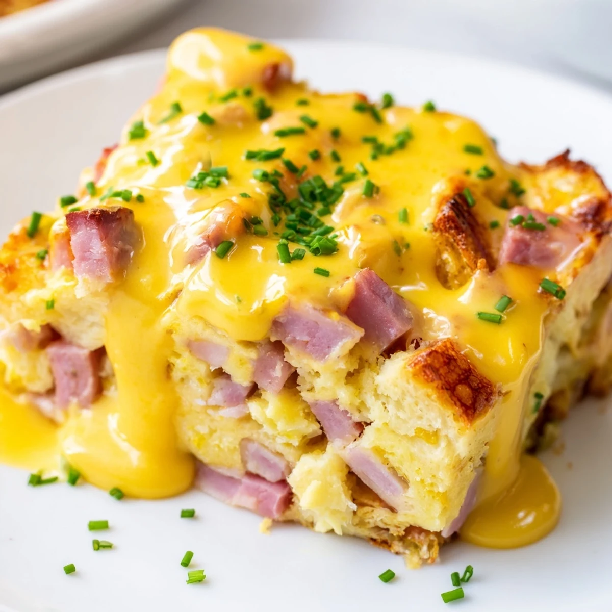 Golden Eggs Benedict Casserole topped with creamy hollandaise and fresh snipped chives
