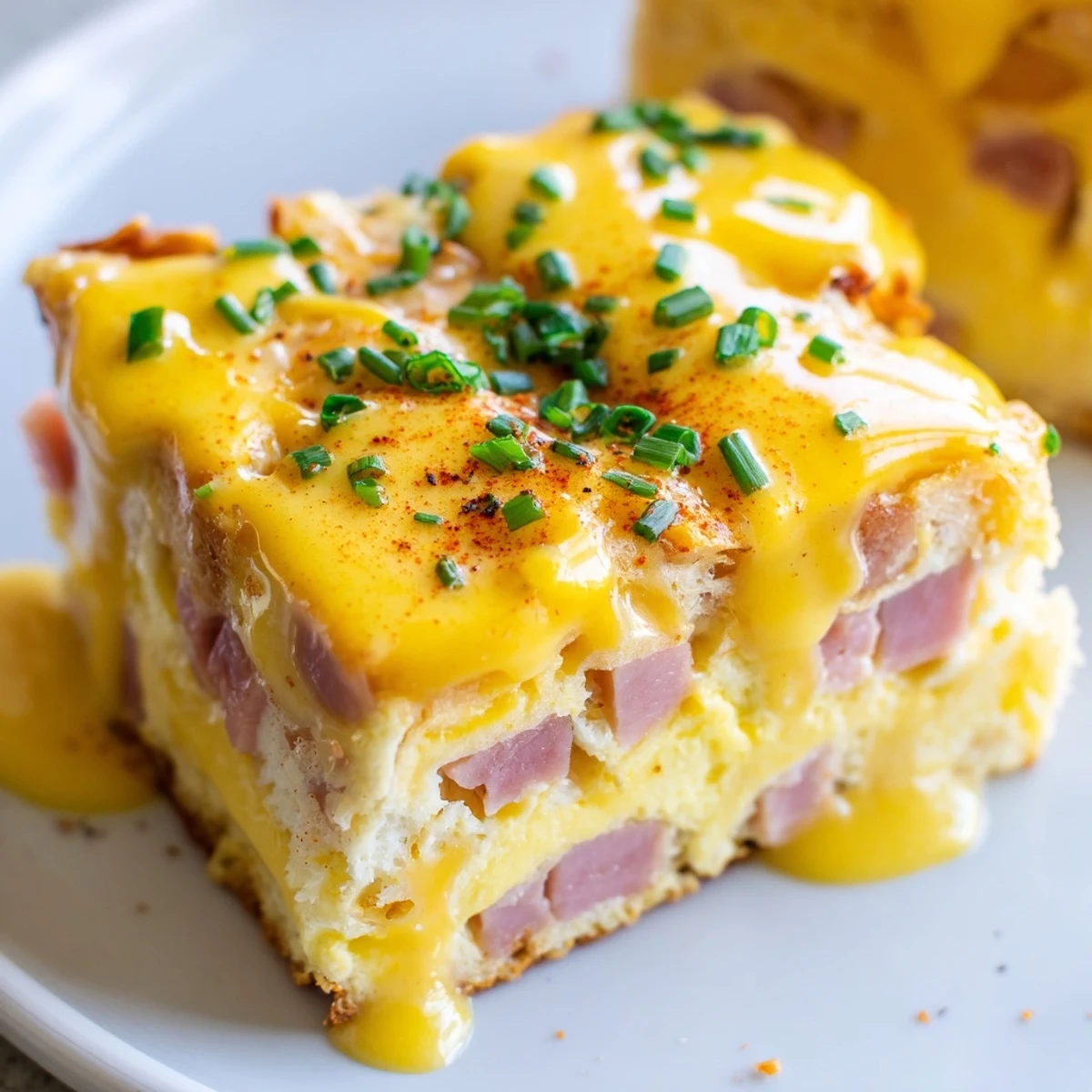 Steaming Eggs Benedict Casserole drizzled with rich buttery hollandaise and a dusting of paprika