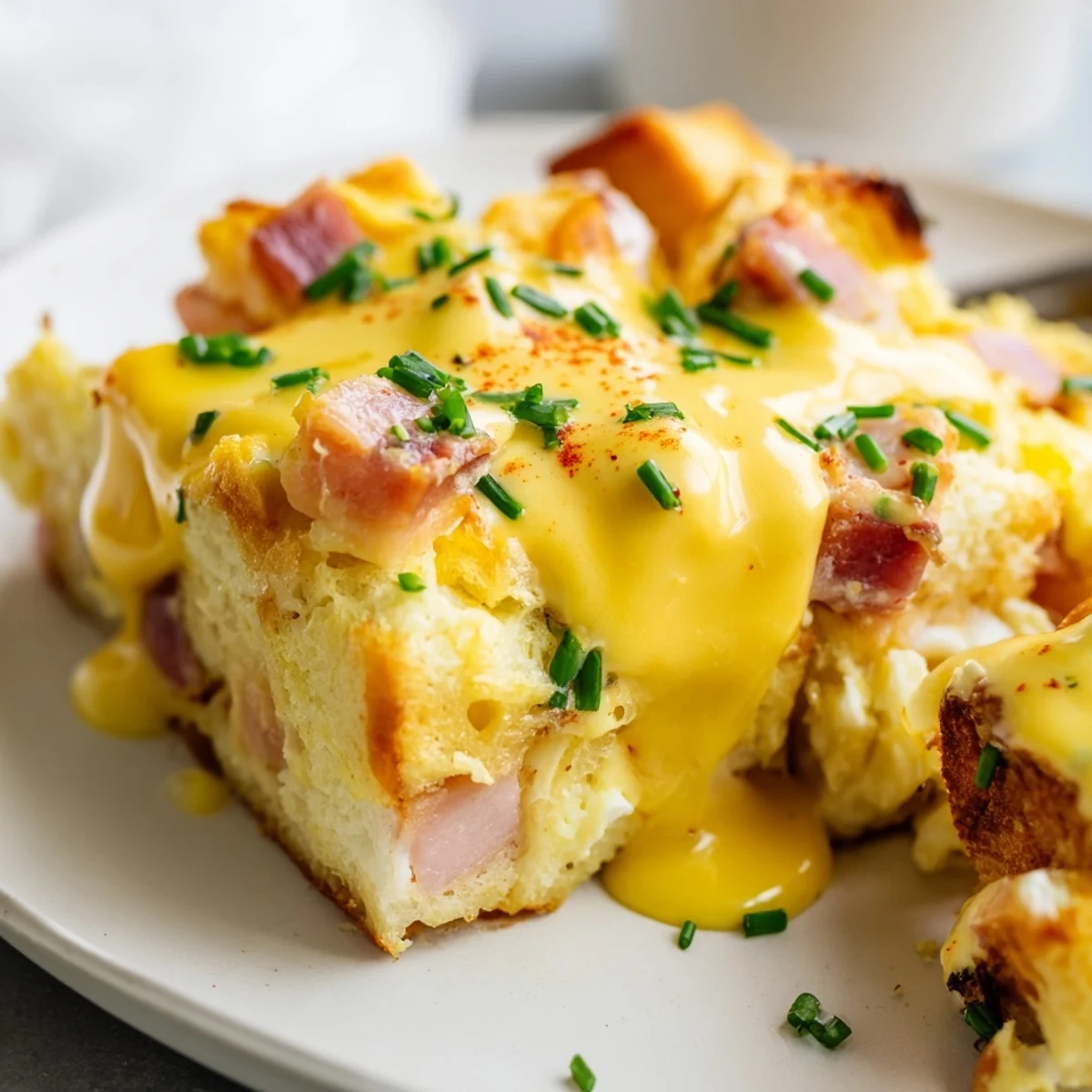 Bubbling Eggs Benedict Casserole with layers of Canadian bacon and toasted English muffins