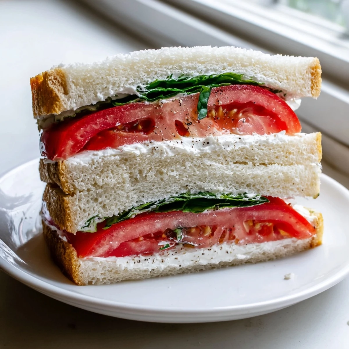 Juicy ripe tomatoes layered on crusty bread in a classic tomato sandwich