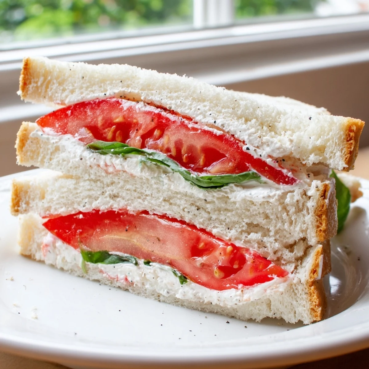 Thick tomato slices with salt and pepper fill a golden tomato sandwich